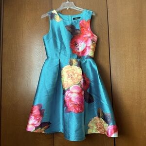 Varga Sz Med Skater Sleeveless Dress. Beautiful Teal Floral. Satin Hue. Zip Back